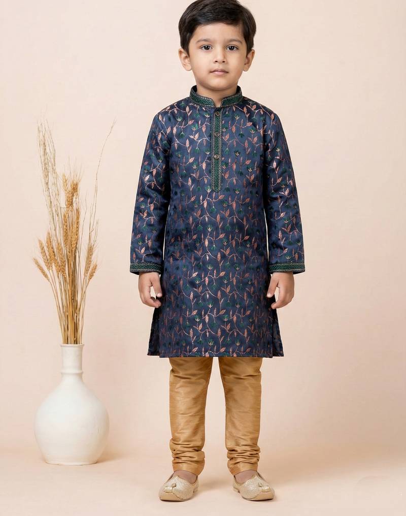 Blue festive wear designer jacquard boys-kurta-pyjama