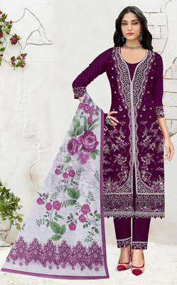 Purple slub cotton suit with embroidered mutlri  1