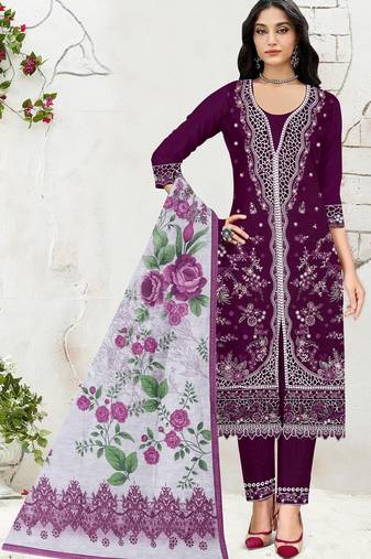 Purple slub cotton semi stitched suit with embroidered mutlri work