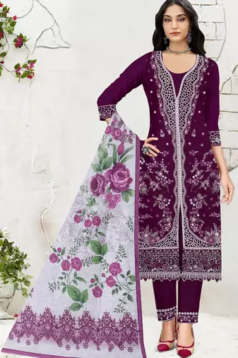 Purple slub cotton semi stitched suit with embroidered mutlri work