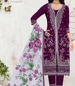 Purple slub cotton semi stitched suit with embroidered mutlri work