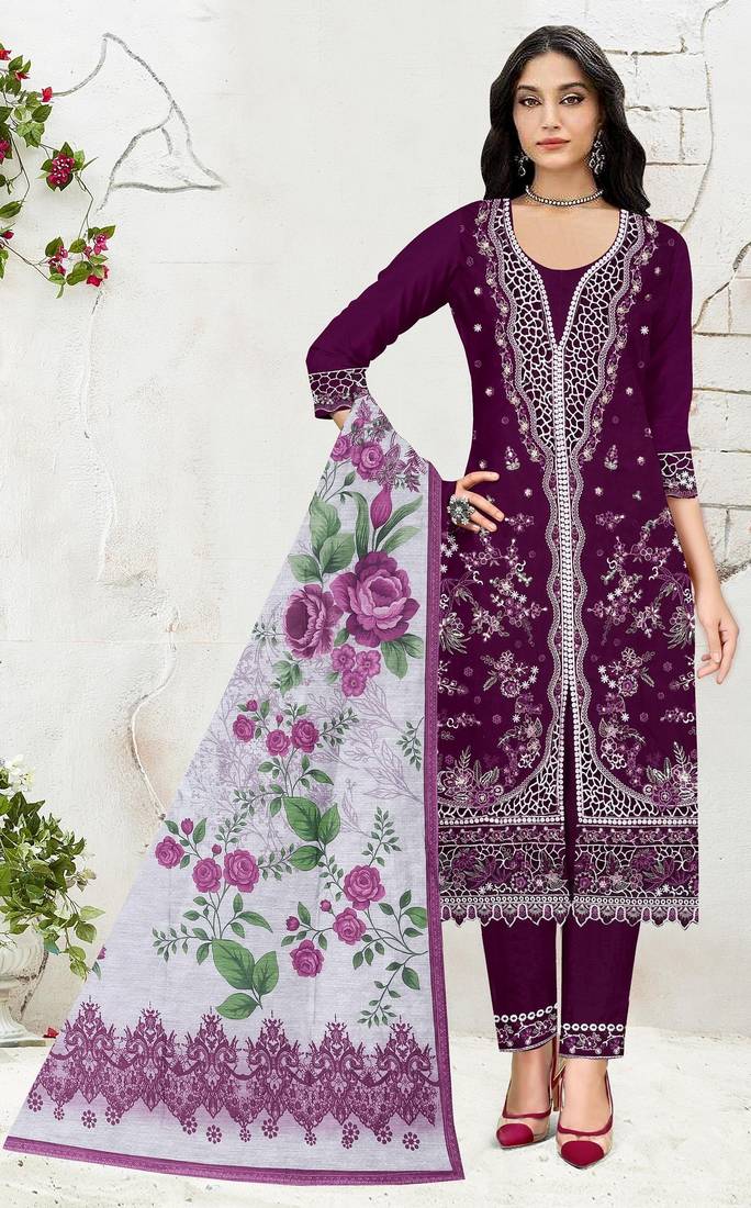 Purple slub cotton semi stitched suit with embroidered mutlri work