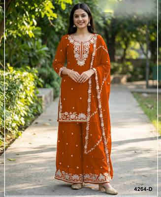 Orange chinon free size stitched plazzo suit with embroidered & bearts  1