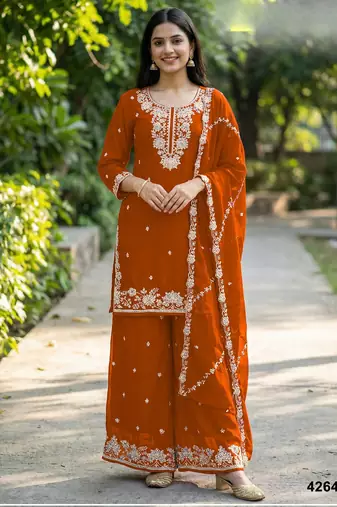 Orange chinon free size stitched plazzo suit with embroidered & bearts work