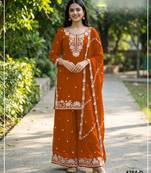 Orange chinon free size stitched plazzo suit with embroidered & bearts work