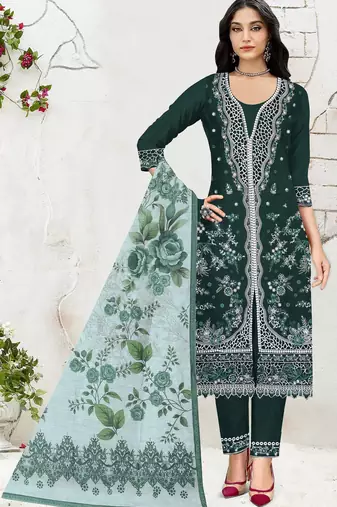 D green slub cotton suit with embroidered mutlri work