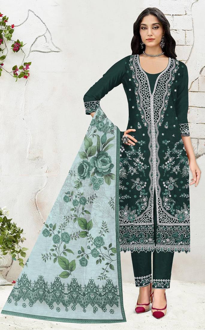 D green slub cotton suit with embroidered mutlri work