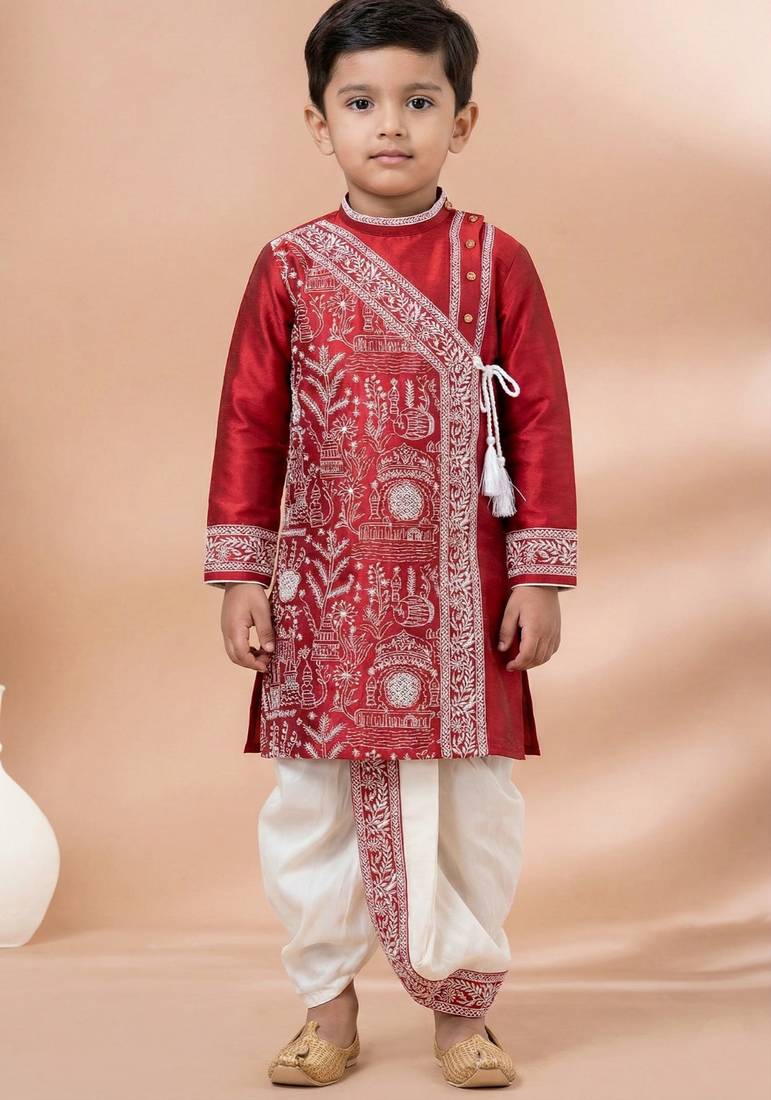 Red festive wear designer viscose boys-dhoti-kurta