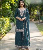 Teal chinon free size palazzo suit with embroidered & bearts work