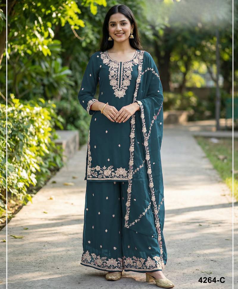 Teal chinon free size palazzo suit with embroidered & bearts work