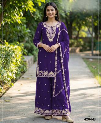 Violet chinon free size palazzo suit with embroidered & bearts  1