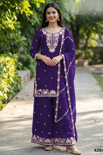 Violet chinon free size palazzo suit with embroidered & bearts work
