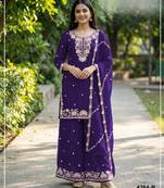Violet chinon free size palazzo suit with embroidered & bearts work