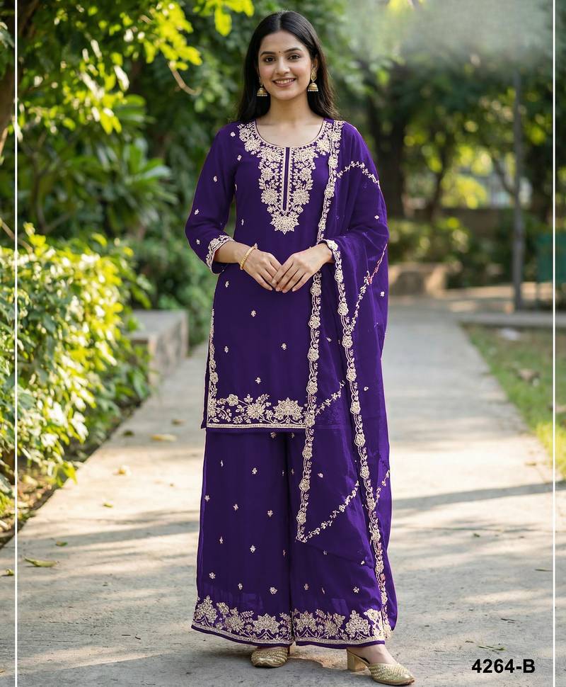 Violet chinon free size palazzo suit with embroidered & bearts work