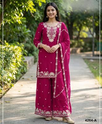 Red chinon free size palazzo suit with embroidered & bearts  1