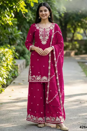Red chinon free size palazzo suit with embroidered & bearts work