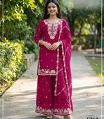 Red chinon free size palazzo suit with embroidered & bearts work