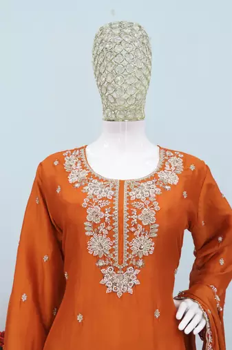 Orange chinon free size stitched plazzo suit with embroidered & bearts 