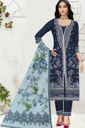Navy slub cotton suit with embroidered mutlri work