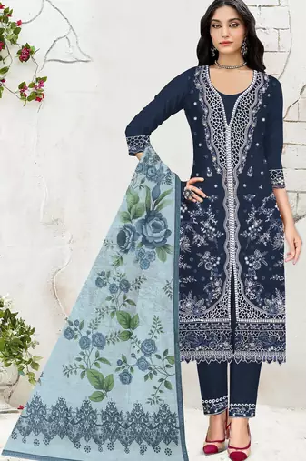 Navy slub cotton suit with embroidered mutlri work