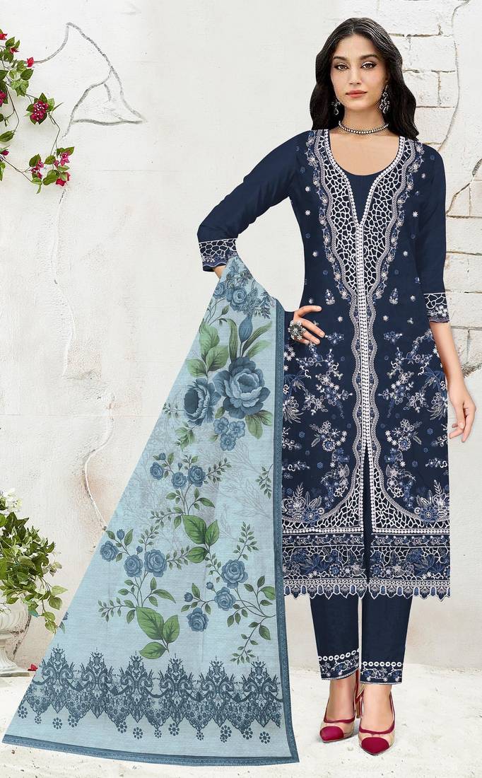 Navy slub cotton suit with embroidered mutlri work