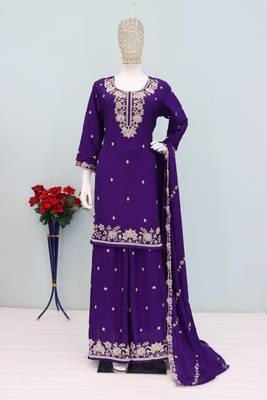 Violet chinon free size palazzo suit with embroidered & bearts  2