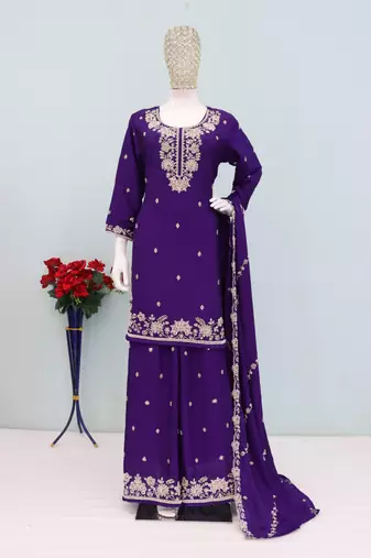 Violet chinon free size palazzo suit with embroidered & bearts 