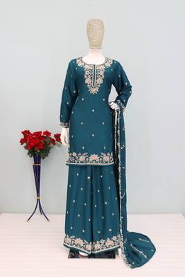 Teal chinon free size palazzo suit with embroidered & bearts  2