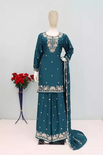 Teal chinon free size palazzo suit with embroidered & bearts 