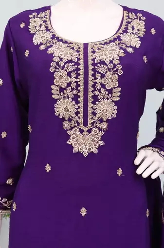 Violet chinon free size palazzo suit with embroidered & bearts 