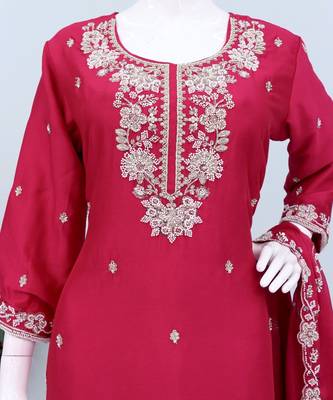Red chinon free size palazzo suit with embroidered & bearts  3
