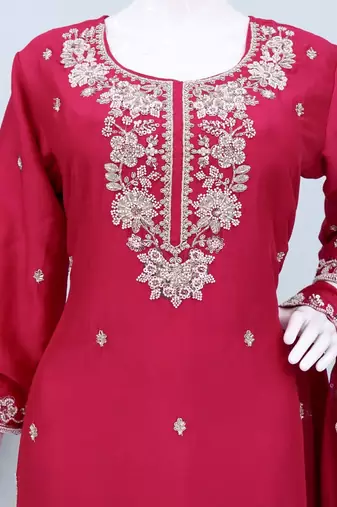 Red chinon free size palazzo suit with embroidered & bearts 