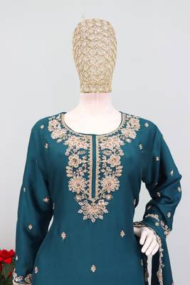 Teal chinon free size palazzo suit with embroidered & bearts  3