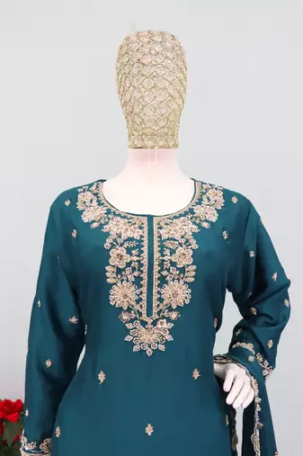 Teal chinon free size palazzo suit with embroidered & bearts 