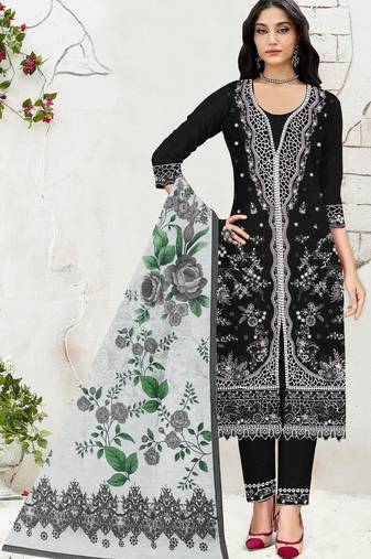 Black slub cotton suit with embroidered mutlri work