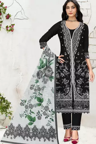 Black slub cotton suit with embroidered mutlri work