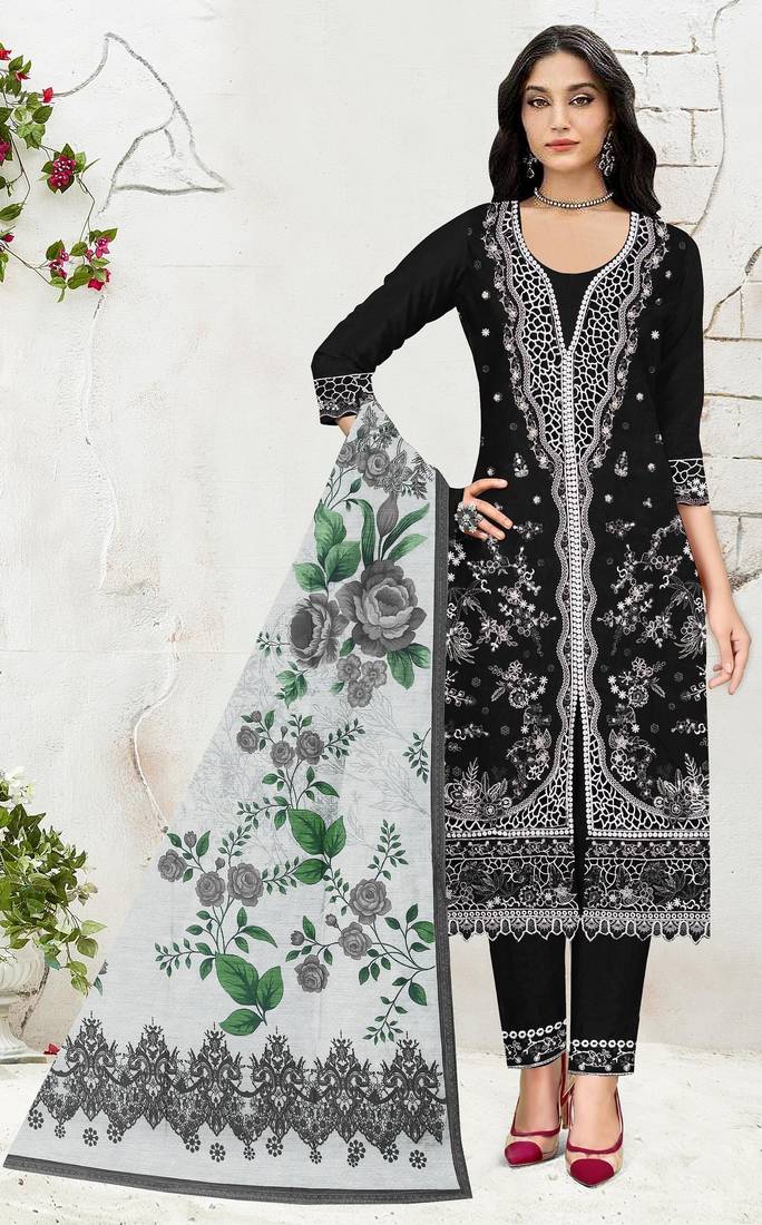 Black slub cotton suit with embroidered mutlri work