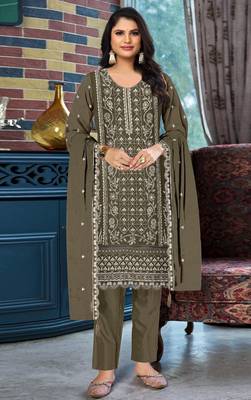 Mehendi chiffon suit with embroidered & sequin  1