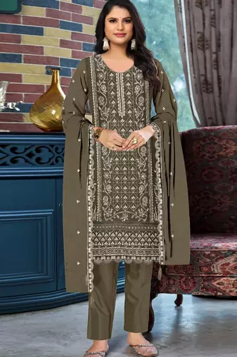 Mehendi chiffon semi stitched suit with embroidered & sequence work