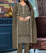 Mehendi chiffon semi stitched suit with embroidered & sequence work