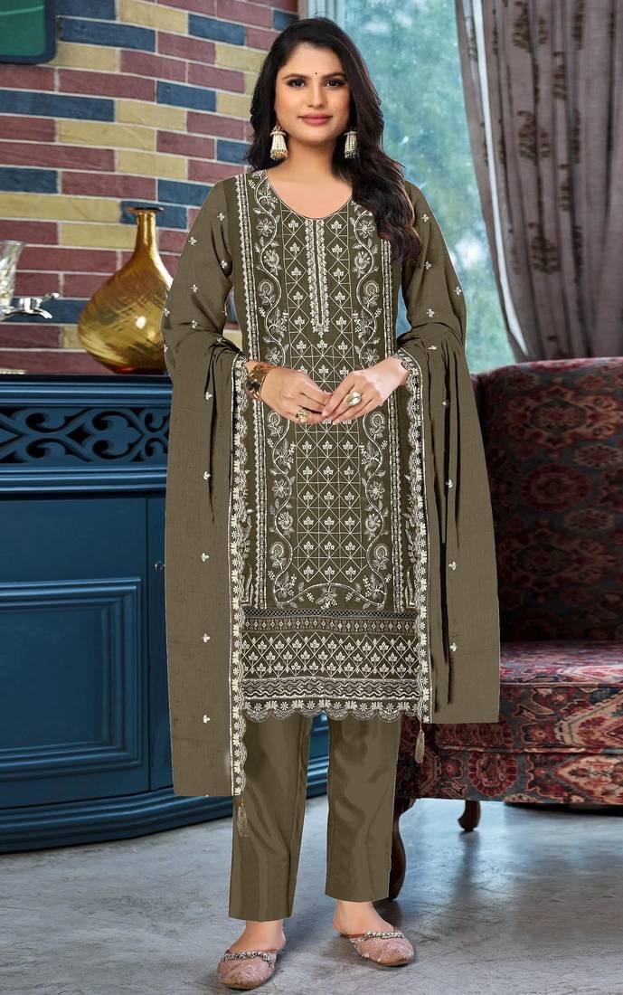 Mehendi chiffon semi stitched suit with embroidered & sequence work