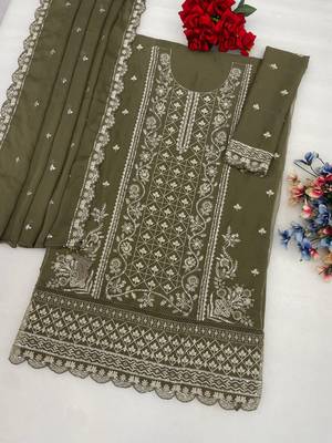 Mehendi chiffon suit with embroidered & sequin  2