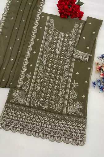 Mehendi chiffon suit with embroidered & sequin 