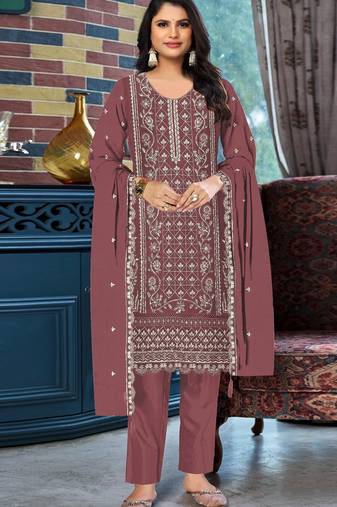 Peach chiffon suit with embroidered & sequin work