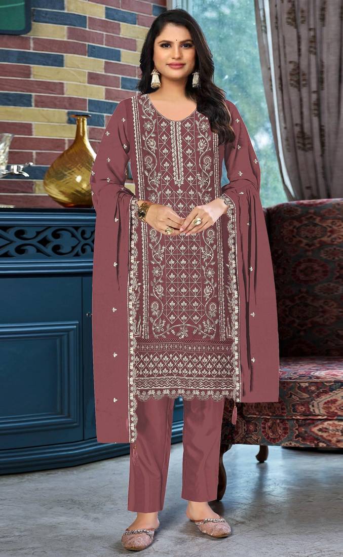 Peach chiffon suit with embroidered & sequin work