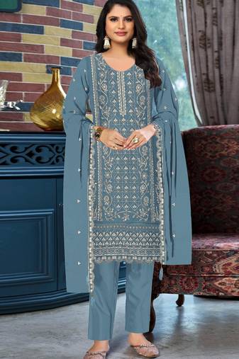 Blue chiffon suit with embroidered & sequin work