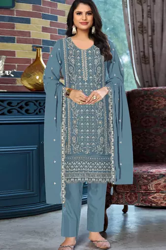 Blue chiffon suit with embroidered & sequin work