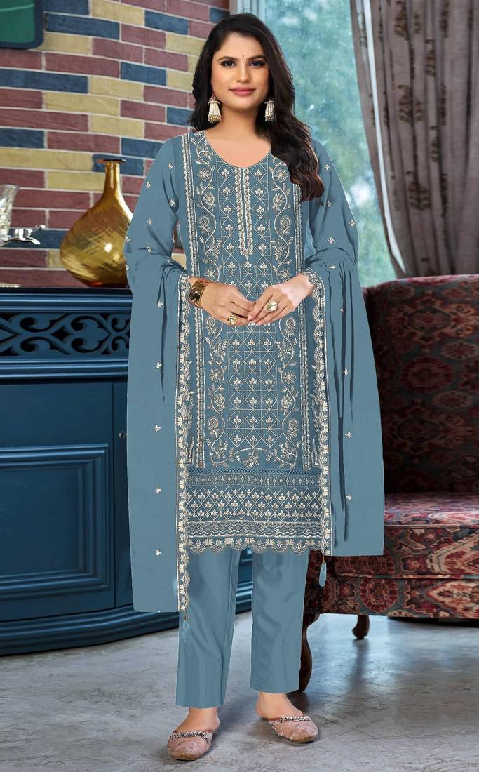 Blue chiffon suit with embroidered & sequin work