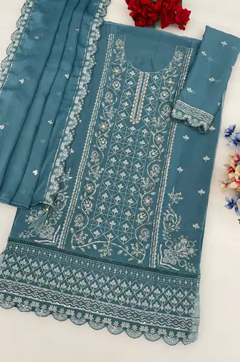Blue chiffon suit with embroidered & sequin 