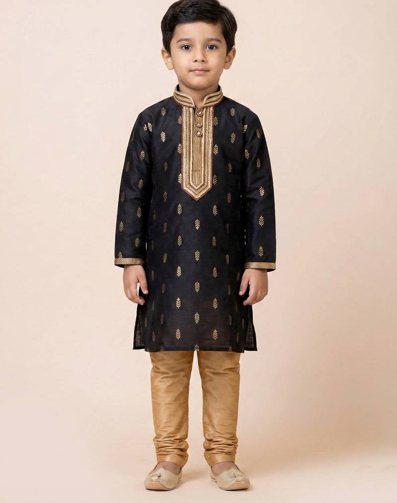 Black festive wear designer jacquard boys-kurta-pyjama